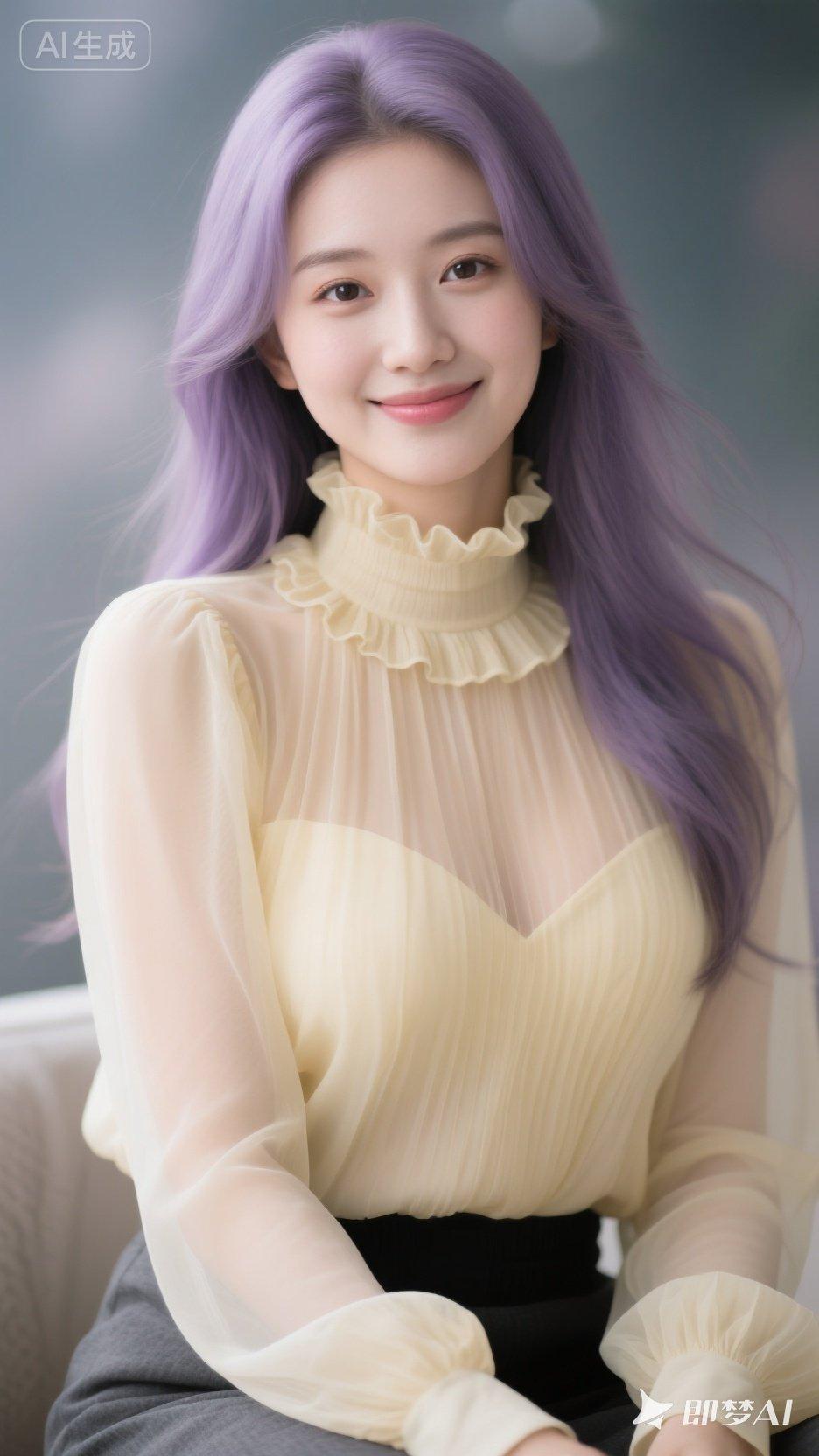 梦幻紫发少女，温柔微笑，时尚穿搭，清新自然