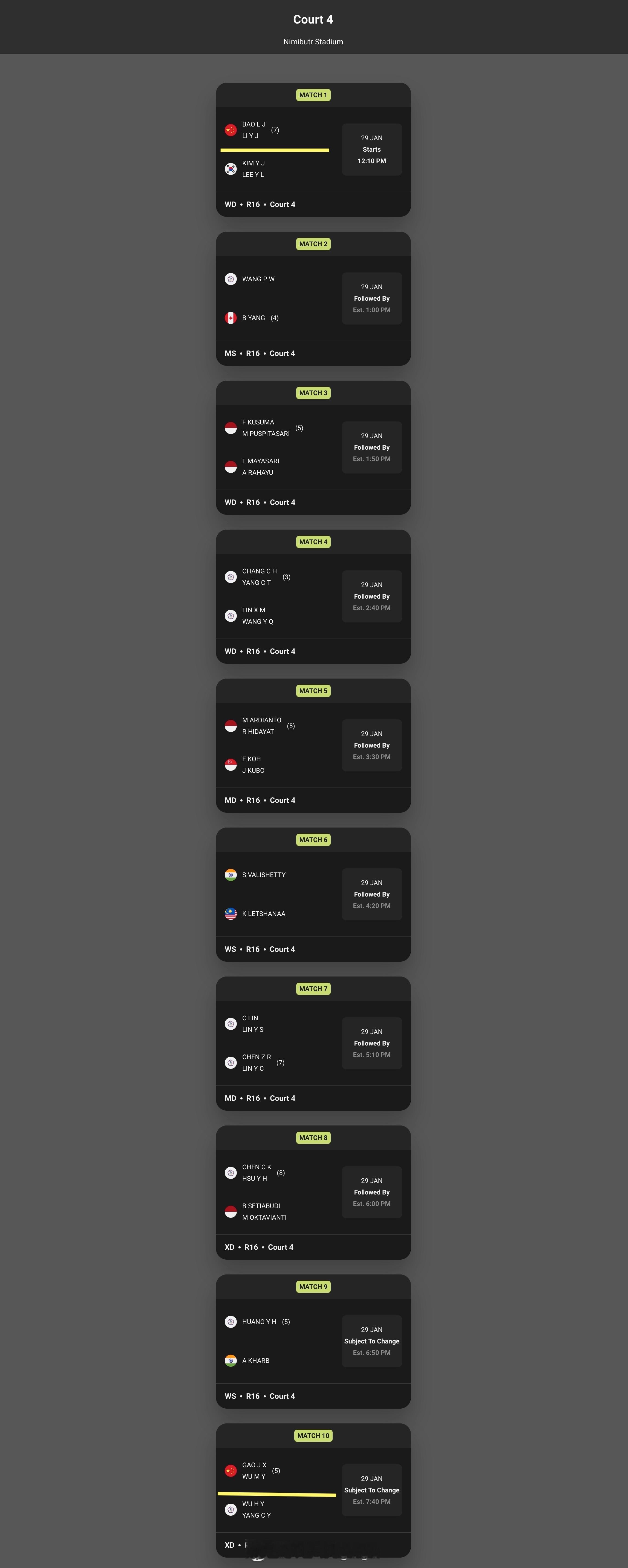2026年泰国羽毛球大师赛1月29日1/8决赛国羽对阵1号场地第10场混双