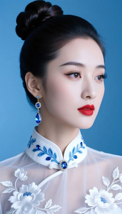 复古旗袍风，蓝宝石耳坠，优雅气质，惊艳回头率！