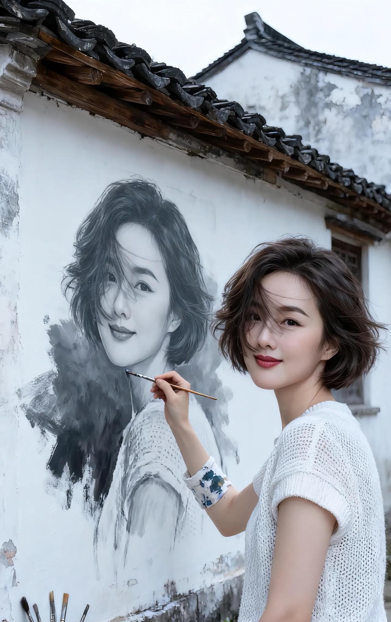 《打油诗·自知之明》执笔墙前画自容，眉眸深浅巧施工。明了己貌几分韵，不做