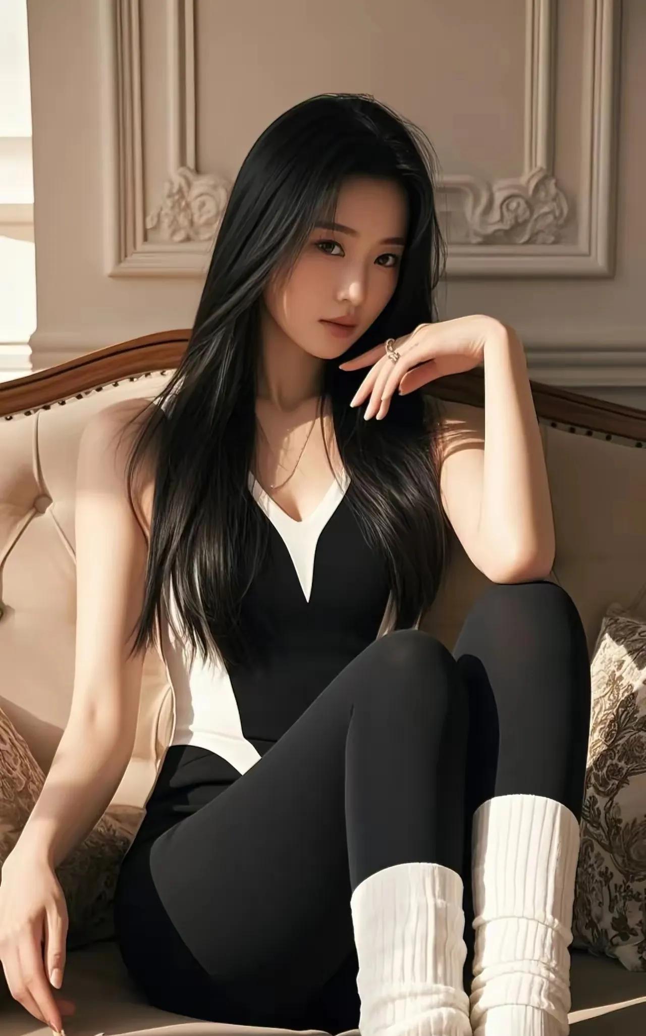 黑发如瀑映窗棂，美人倚坐似画屏。