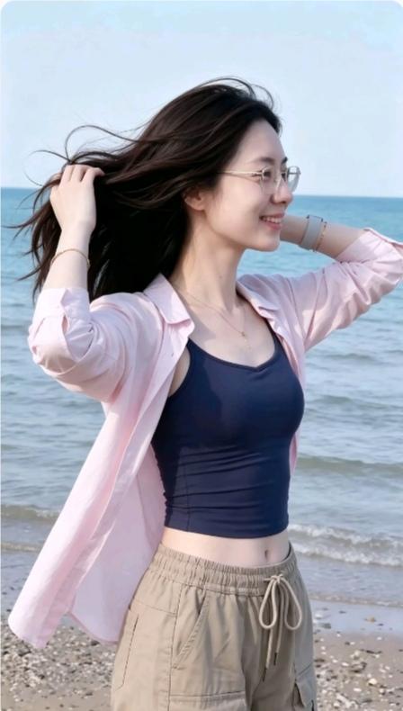 海边松弛感穿搭｜简单几套就很出片✨9:16竖幅，写实人像摄影，年轻东亚女生，中