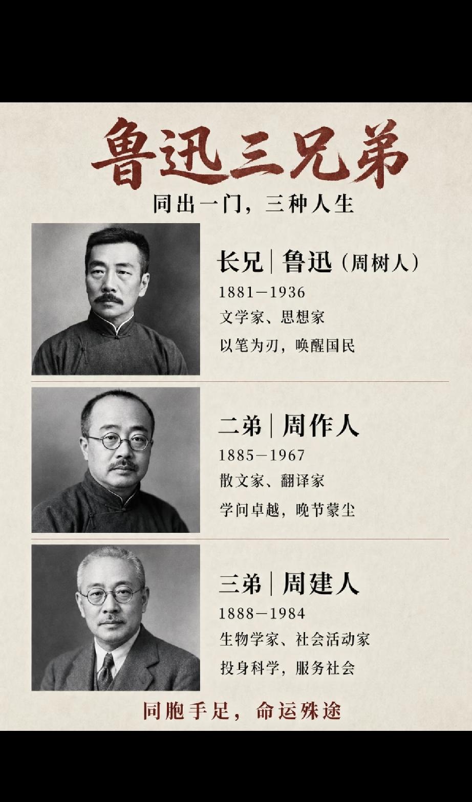 鲁迅三兄弟：同出一门，三种人生名门望族啊，又叫士绅大家族，祖父中清朝进士，曾任