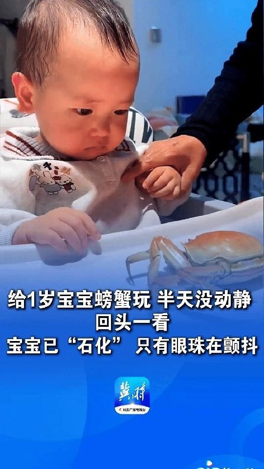 安徽一女子把煮熟螃蟹给宝宝玩，没想到宝宝一直盯着螃蟹看，半天都没有动过，女子就好