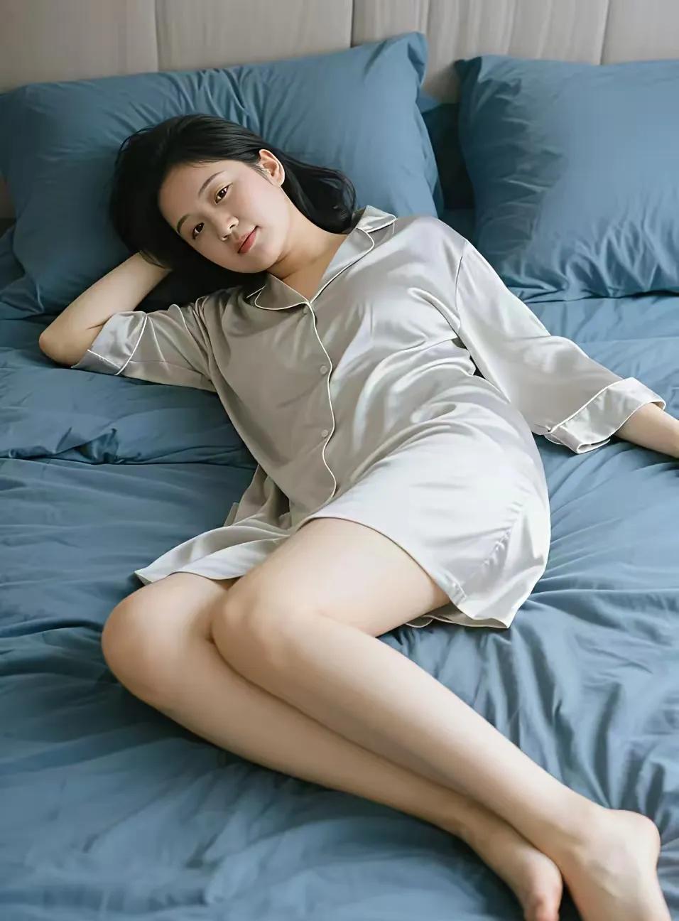 夜卧佳姿浅蓝衾似海波柔，缎睡佳人梦底留。睫映月光肌胜玉，偷闲此刻忘烦忧。