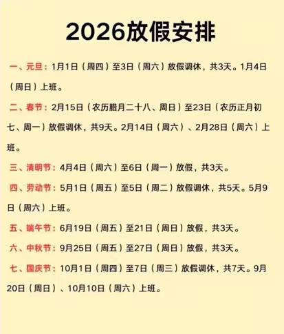2026年放假通知来啦，简直是打工人的福音！明年法定节假日放假调休天数比2025