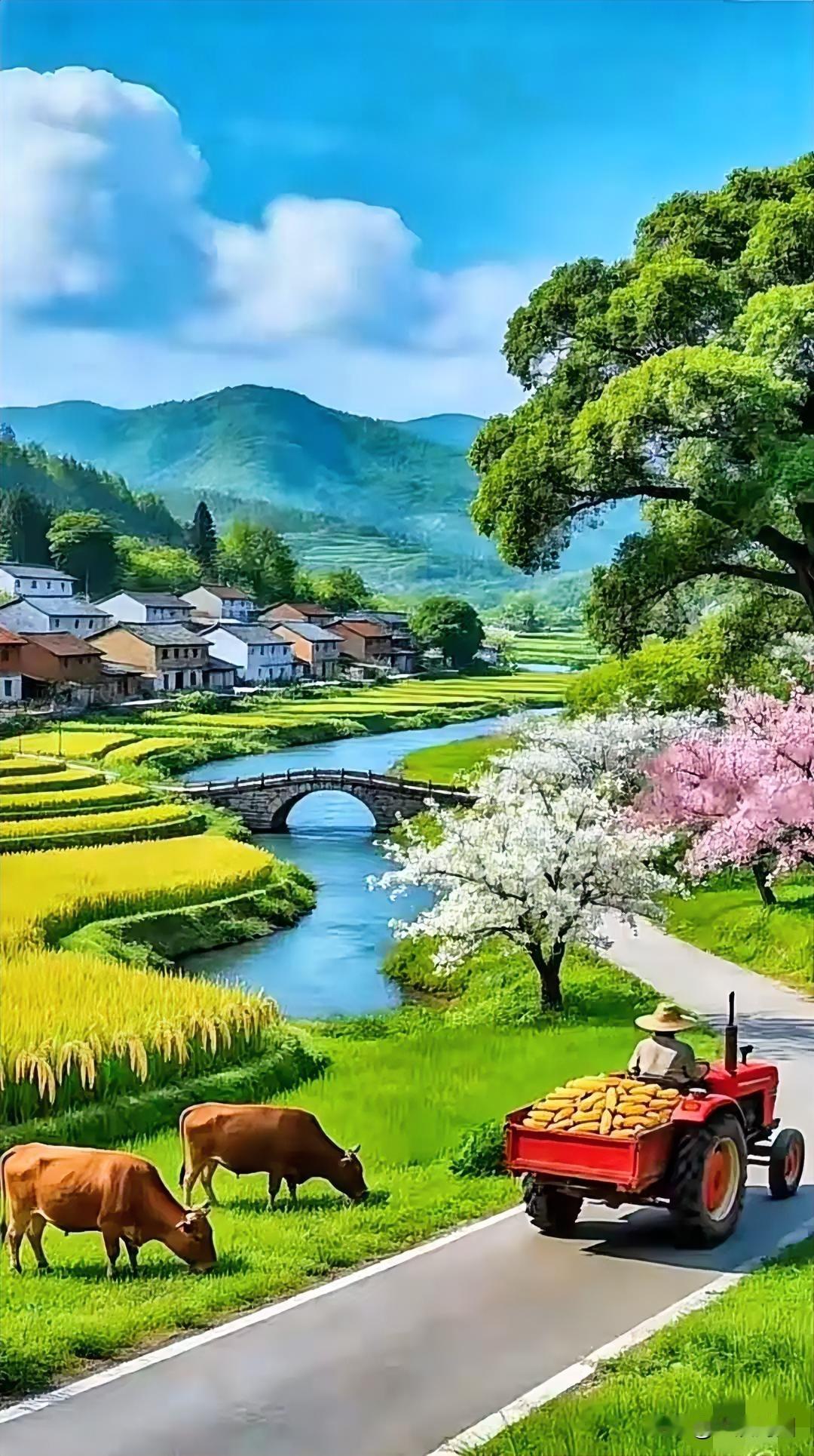 田园风光美如画，牛车悠然过小桥。