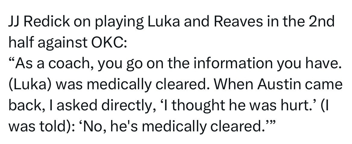 雷迪克谈到对阵雷霆时，下半场东契奇和里夫斯为何还要带伤出场：“作为教练，你只能依
