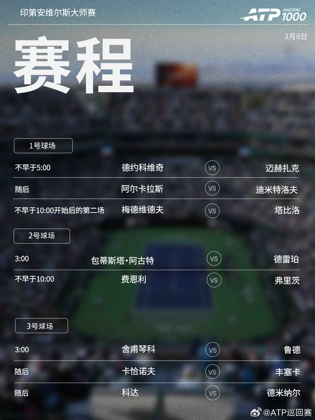 ATP1000印第安维尔斯大师赛周六将继续第二轮争夺，赛程见图（均为北京时间）