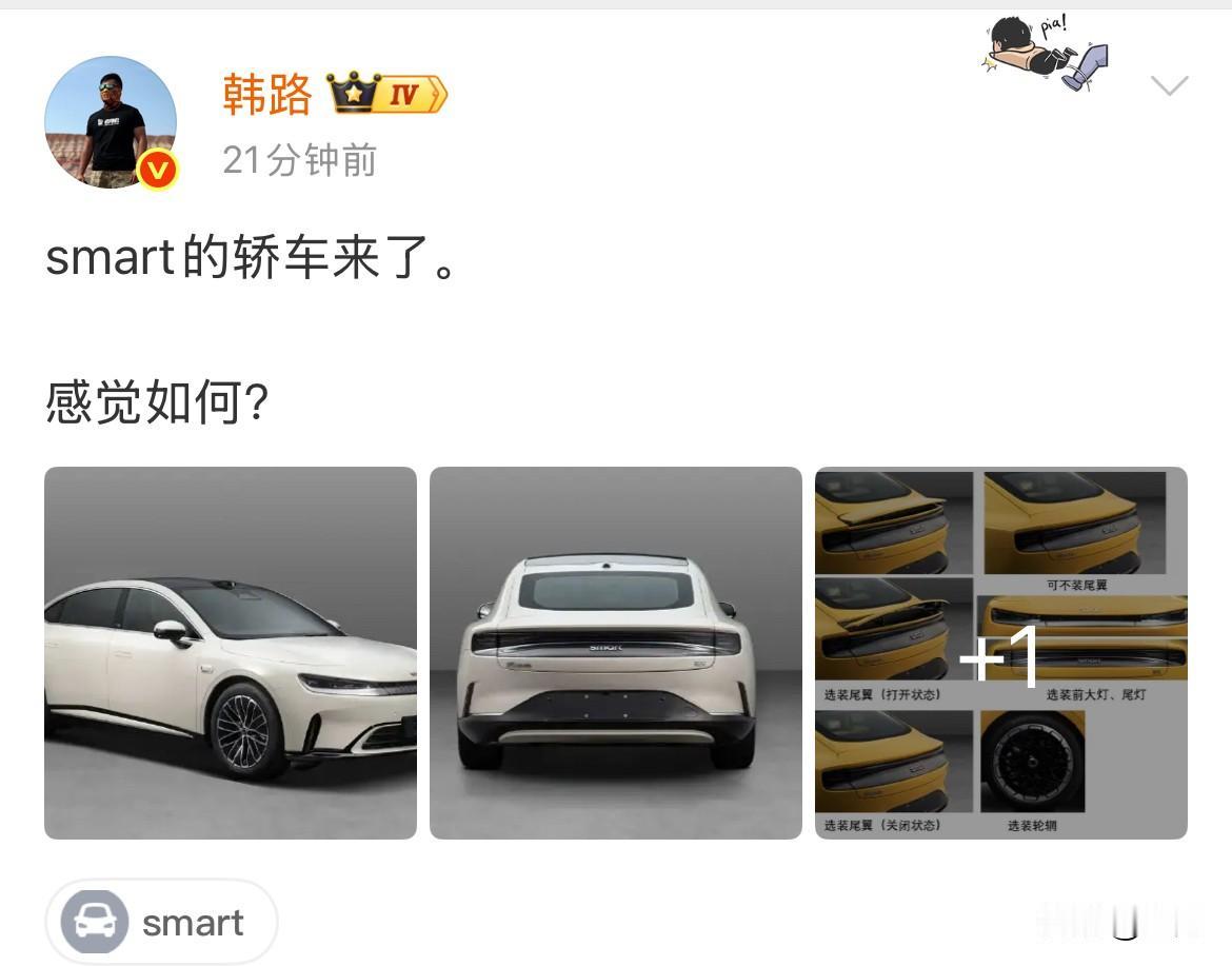 韩路:smart的轿车来了！今天晚上，韩路通过这个车官方的社交网络，找到了