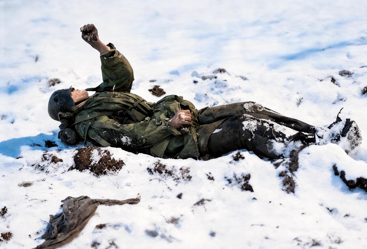 这是二战中一名德军士兵被射杀后被冻僵。他躺在冰天雪地里最后举起的那只手最终没能放