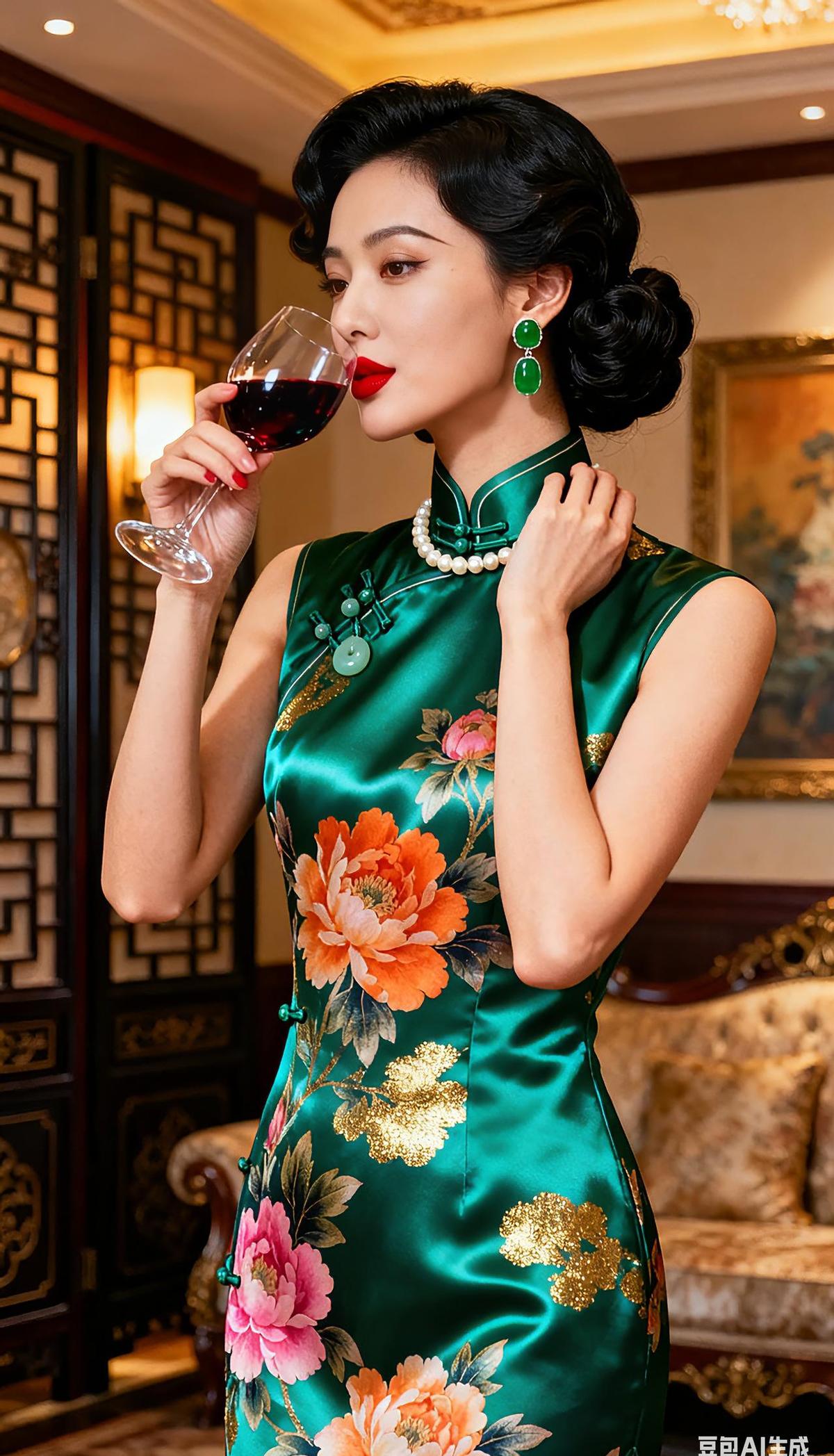 孔雀绿的旗袍一上身，人就活了。盘扣是老手艺，腰身是新脾气。不是穿衣服，是把江