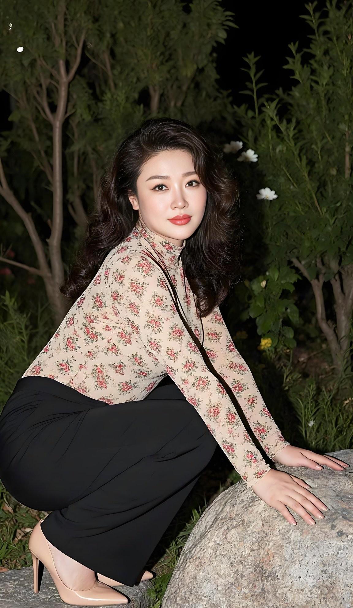 米色打底衫带着粉嫩印花，温柔又衬肤色，紧身设计勾勒出身形线条。下身面搭配一条利落