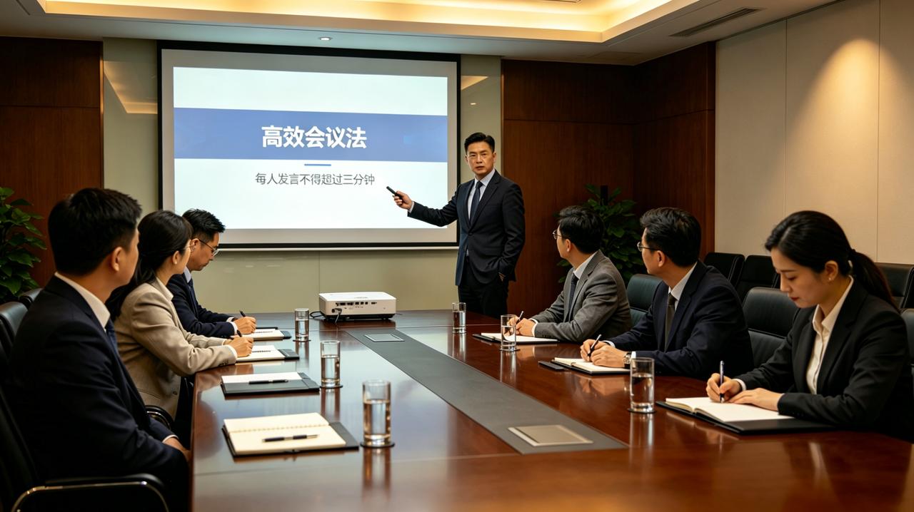 新来的总监推行“高效会议法”——每人发言不得超过三分钟，超时罚款五十。第一次部