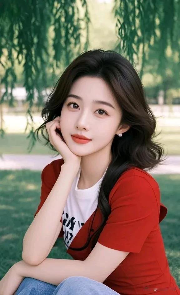 阳光下的甜美少女，红衣白T，清新自然，元气满满！🌞💕