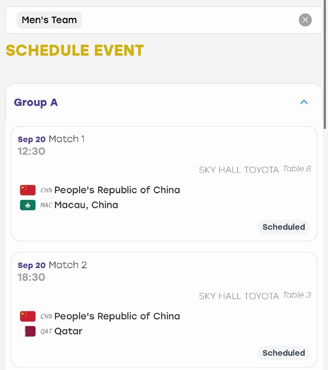 #王楚钦#男团小组赛赛程🇨🇳vs🇲🇴•T89.20北京时间11:30🇨🇳vs🇶🇦•T