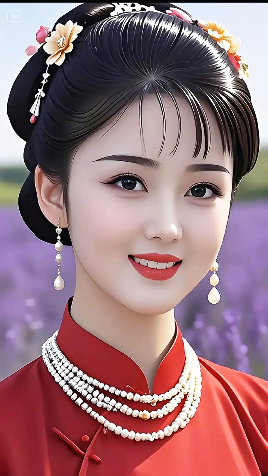 古典美人，红衣华服，花饰点缀，韵味十足！