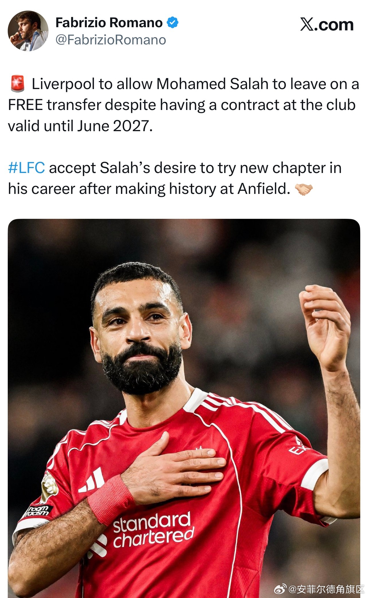 BenJacobs和罗马诺都发推表示尽管还有一年合同，但萨拉赫会以自由身的形式