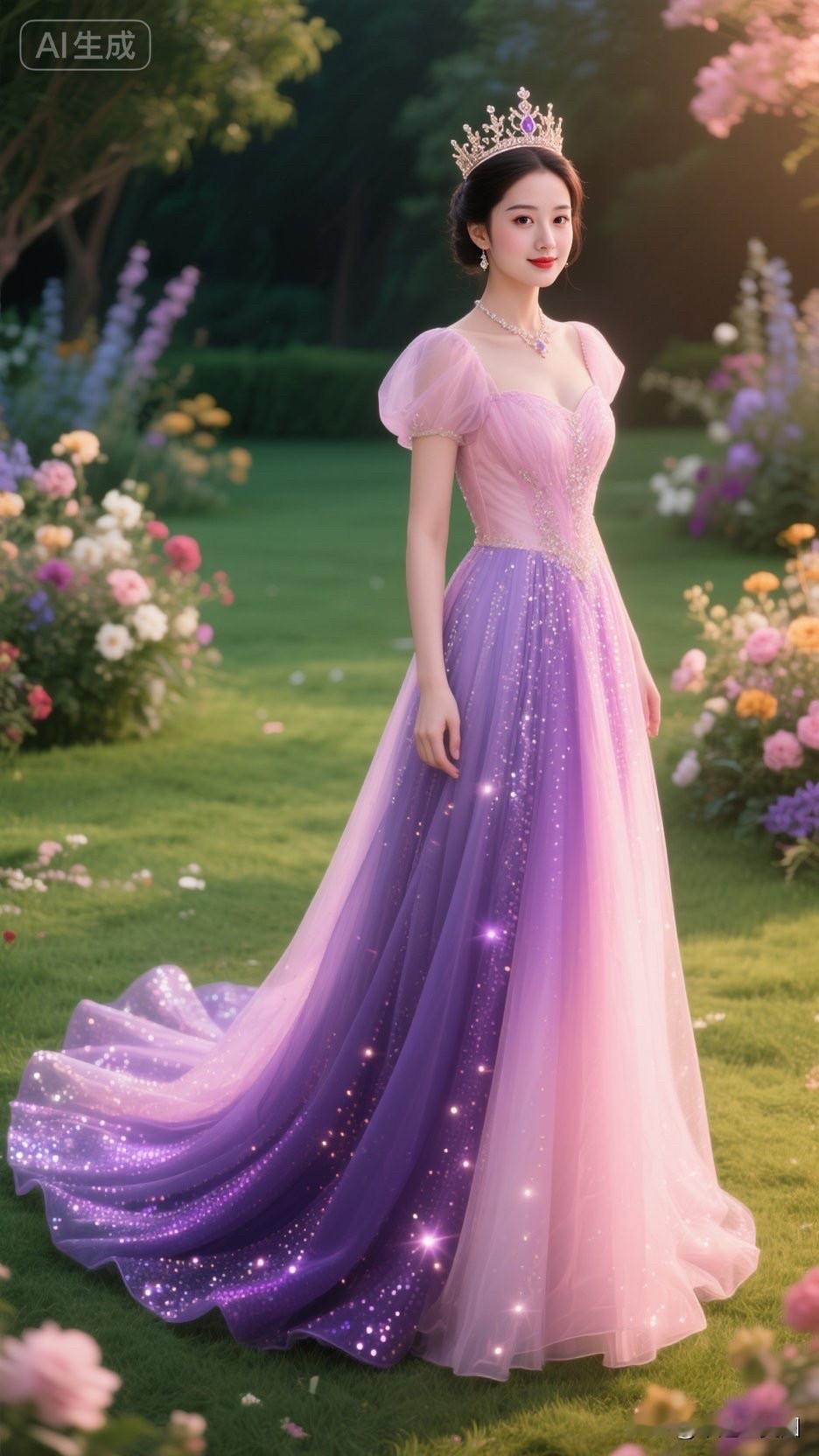 梦幻公主风，紫色礼服与皇冠的完美结合，置身花海中的童话世界。