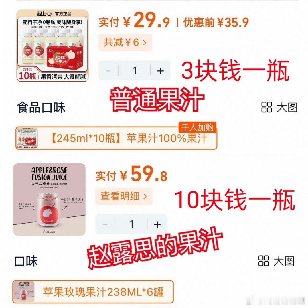 普通果汁和赵露思果汁，毫升和价格对比，贵了好几倍呀，所以助农的意义在哪儿？[晕]