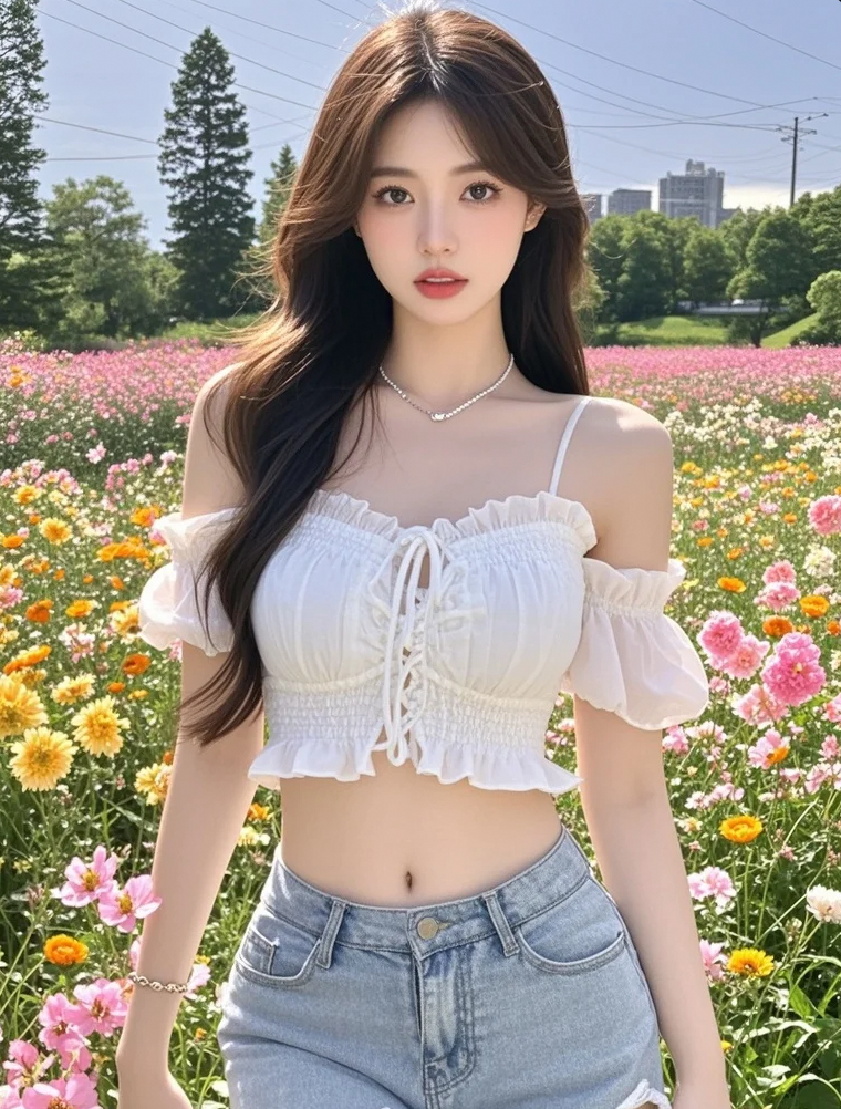 漫步花海，美女的绝美侧颜与繁花共舞，美到失语！