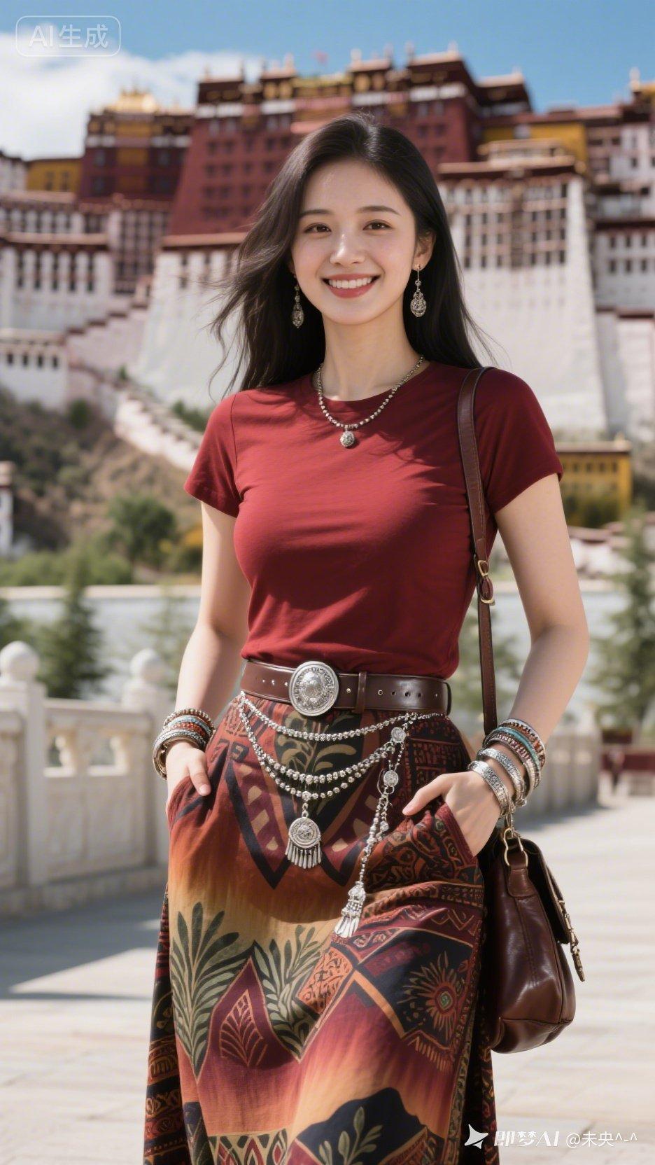 在布达拉宫前打卡，红衣少女与古刹相映成趣📸