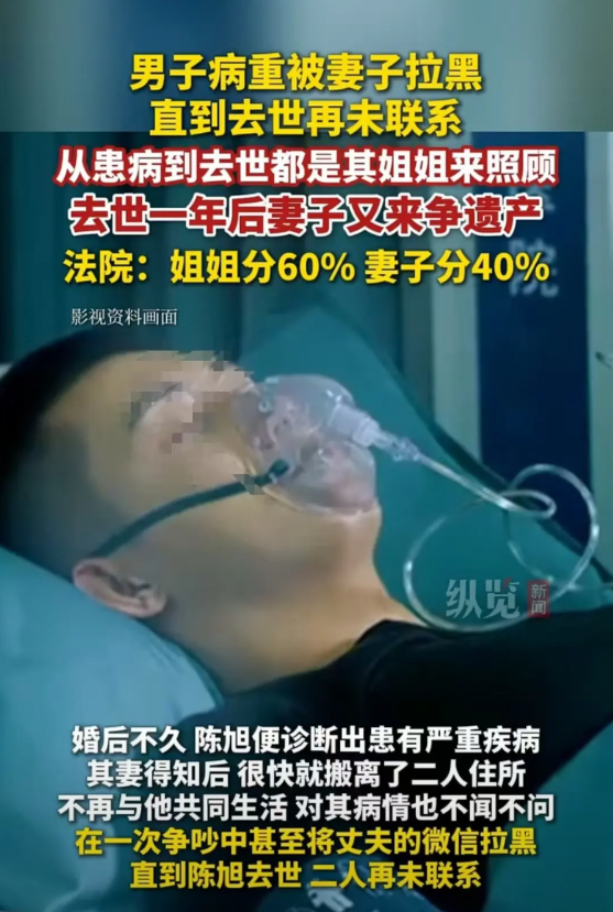 北京，男子和妻子结婚后不久就生病，妻子直接搬离住处并拉黑男子。两年后男子去世，妻