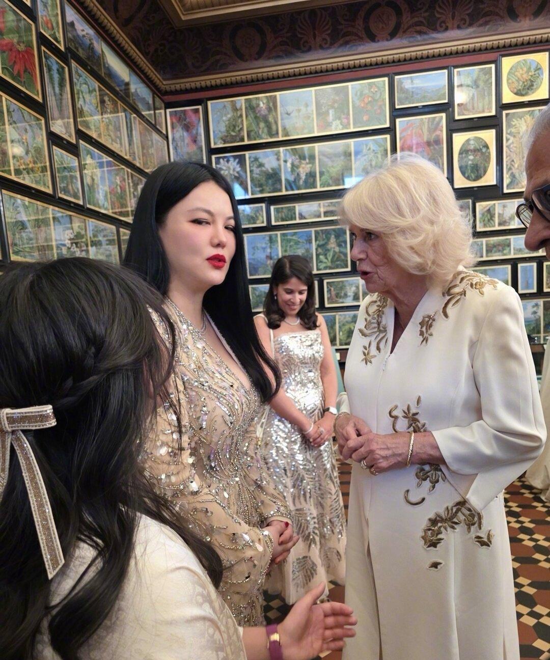 讨好明星，卡米拉王后一脸僵硬的笑，两人的微表情好搞笑。李湘这待遇真不错。之前卡