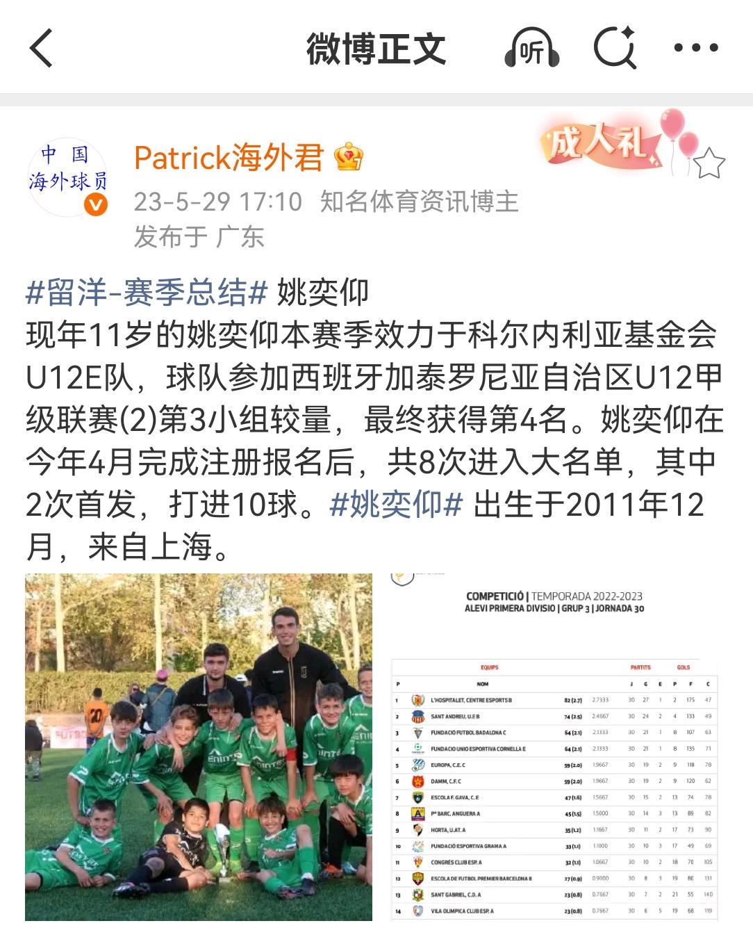 中国年轻球员西班牙留洋案例.姚奕仰姚奕仰，2011年12月出生，前上海申花球