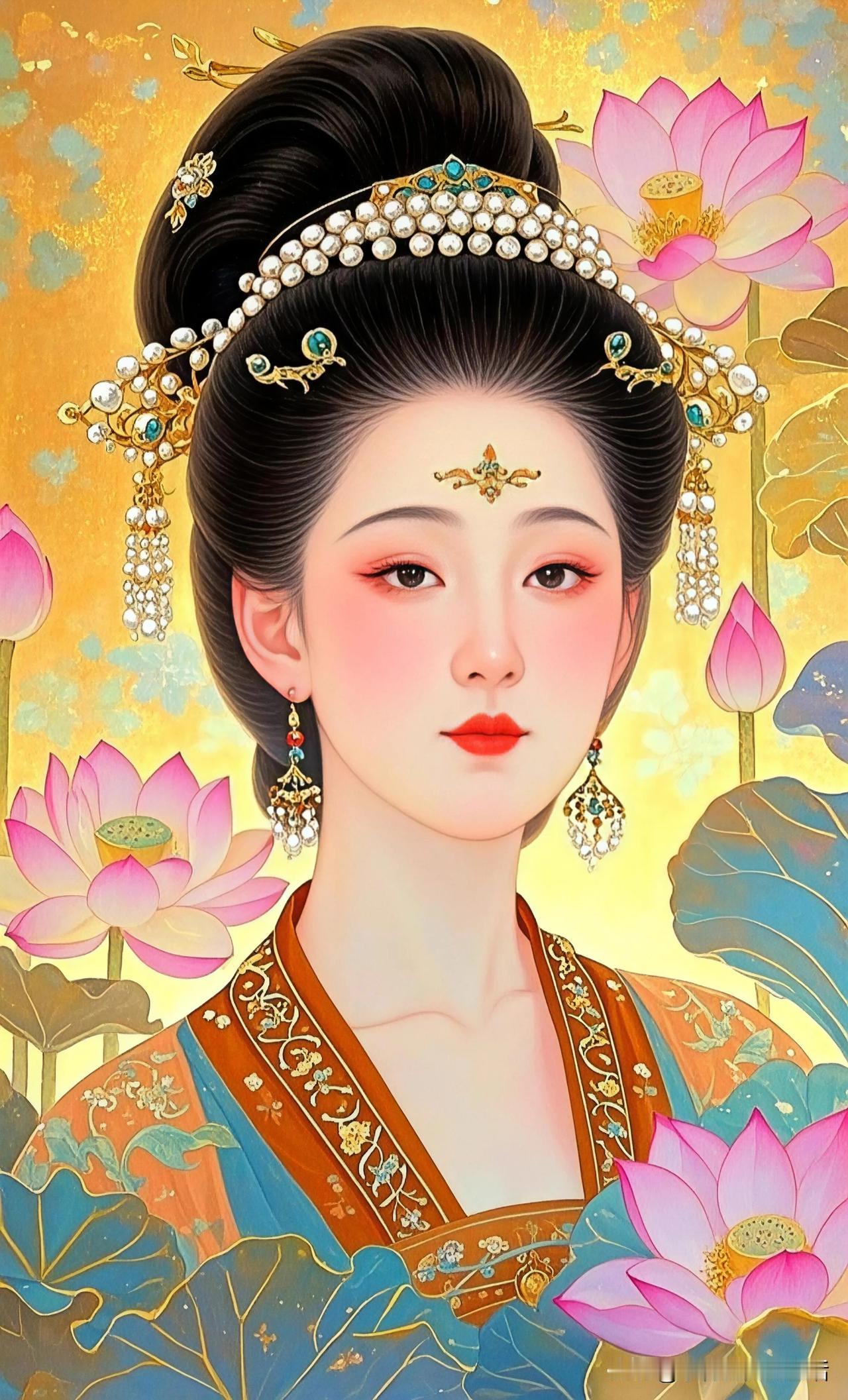 莲花美人图，玉簪映碧波。