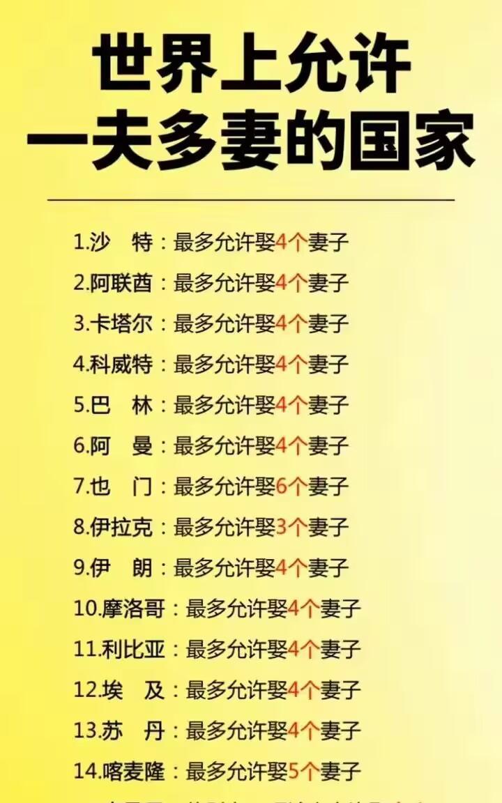 目前世界上执行一夫多妻制的国家，主要就集中在中东地区，而且还是伊斯兰教地区，这些