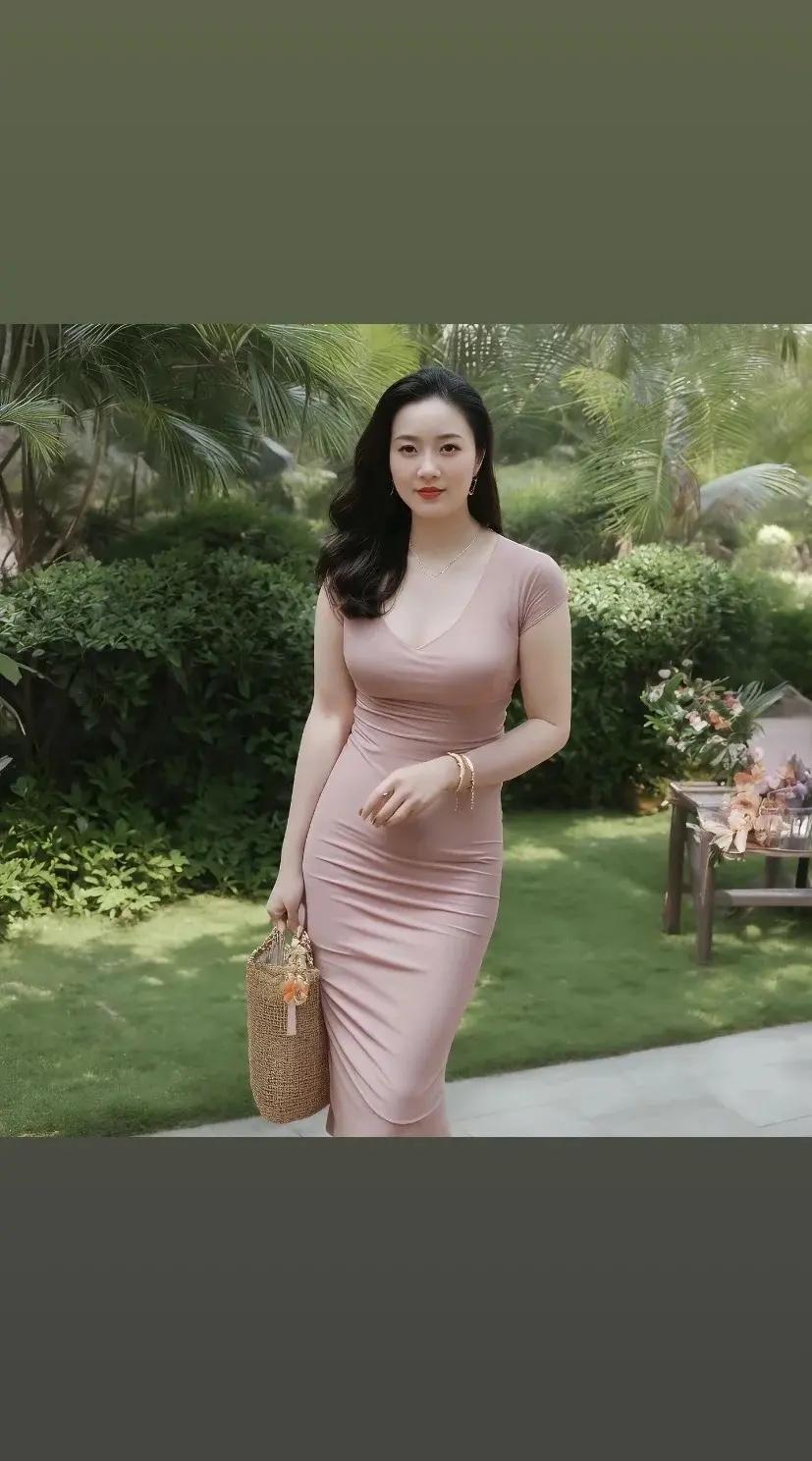 粉色连衣裙展现美女好身材。