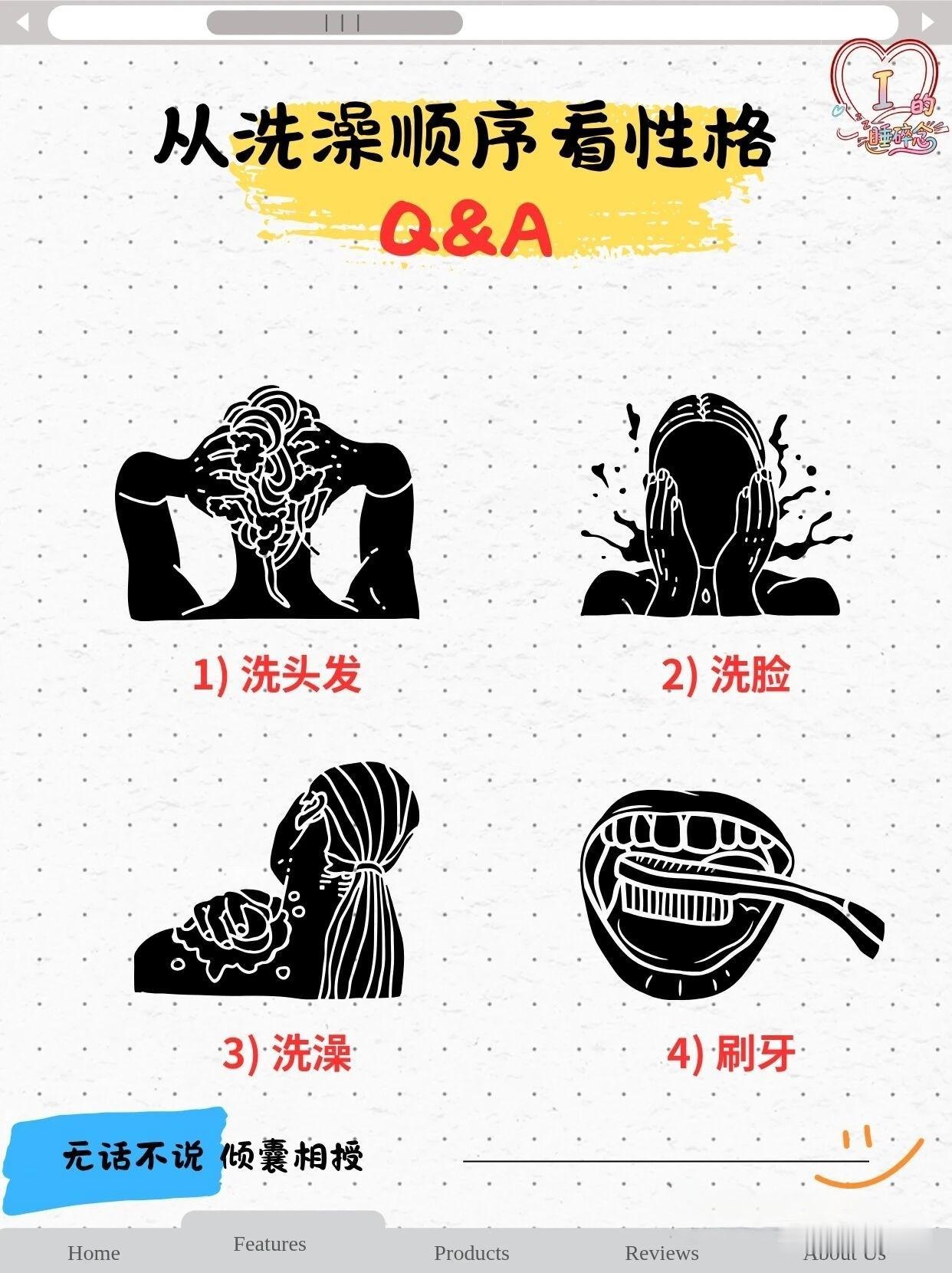 从洗澡顺序看性格。[祈祷]1.洗头发，2.洗脸，3.洗澡，4.刷牙。看似稀松平常