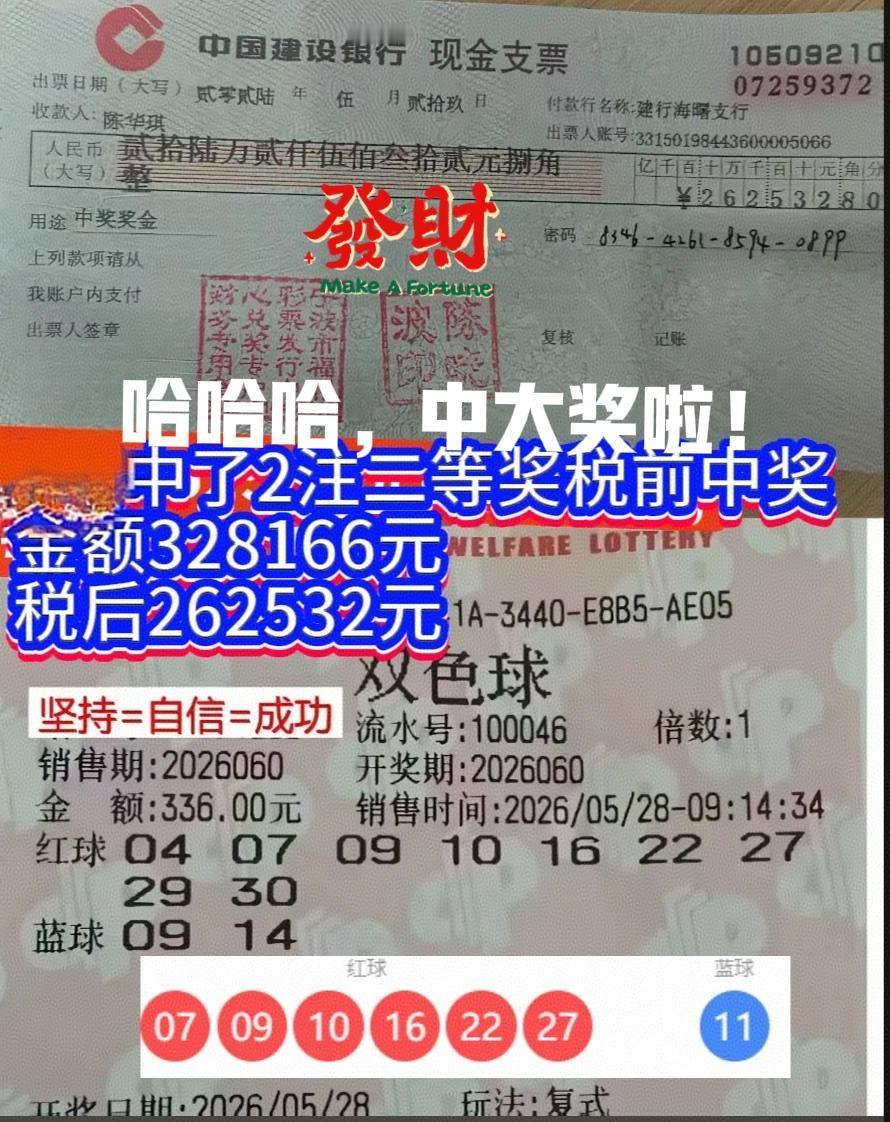 各位，给你们看看兑奖支票，昨天趁着周五还没休息，赶紧把奖兑了！中了二等奖2注，税