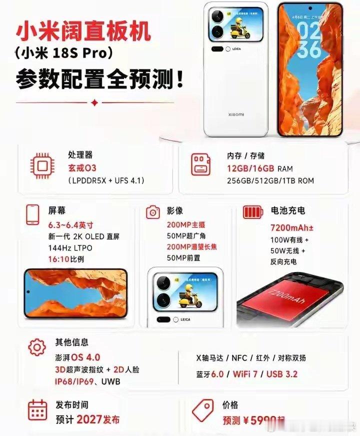 小米18SPro配置参数曝光:玄戒O3芯片+6.4英寸直屏+7200mAh。​