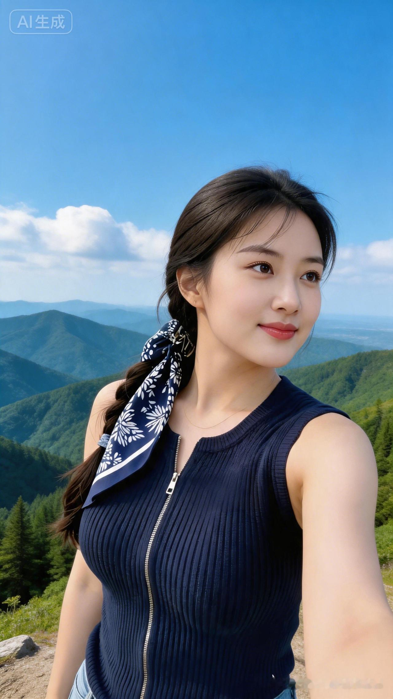 山顶风景美，笑容好甜。