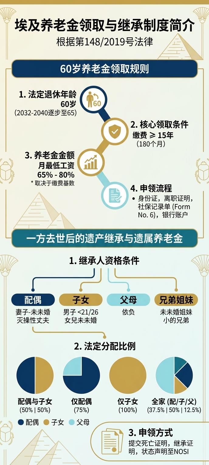 埃及养老金是如何领取的？​缴费年限要求：投保人必须满足最少15年（1