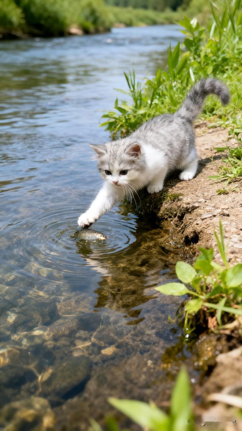 小猫咪河边戏水，萌趣十足！🐱💦野外的小猫咪湖边的小猫