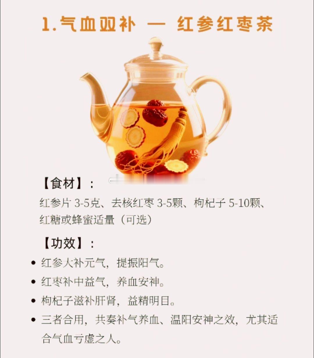 气血双补﹣红参红枣茶【食材】:红参片3-5克、去核红枣3-5颗、枸杞子5-10颗、红糖或蜂蜜适量（可