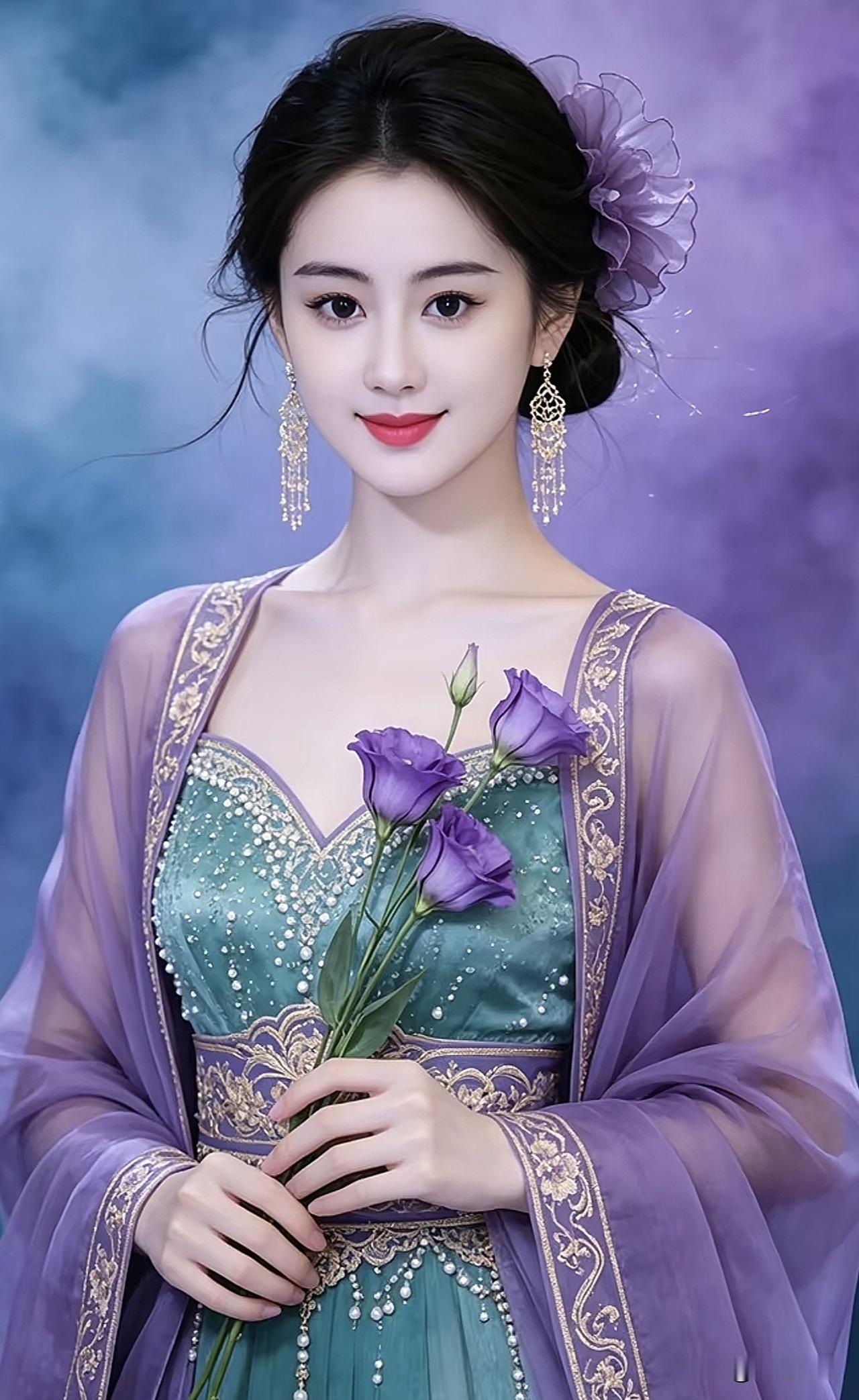 梦幻古风少女，手持紫色玫瑰，唯美动人！玫瑰红裙少女紫色花海少女紫色梦幻少女
