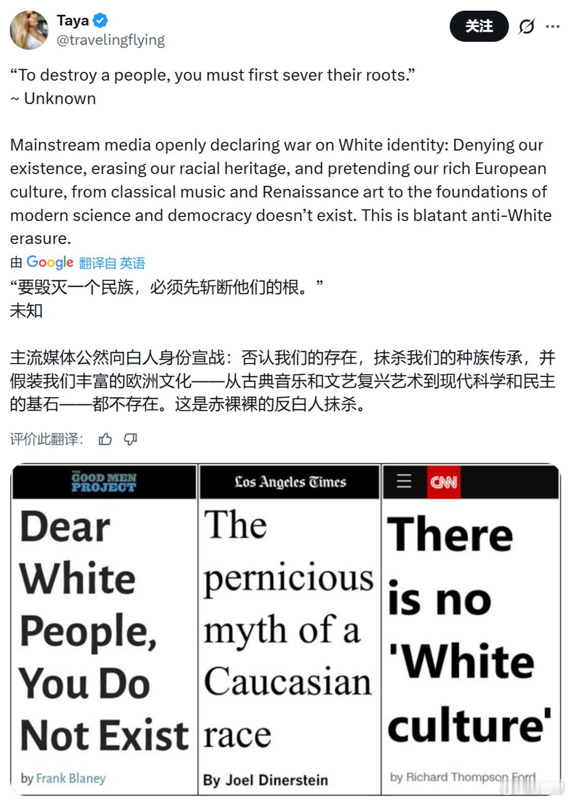 一个美国白人对大规模移民和以“多元包容”之名抹杀白人主体民族人口和文化的愤怒：“