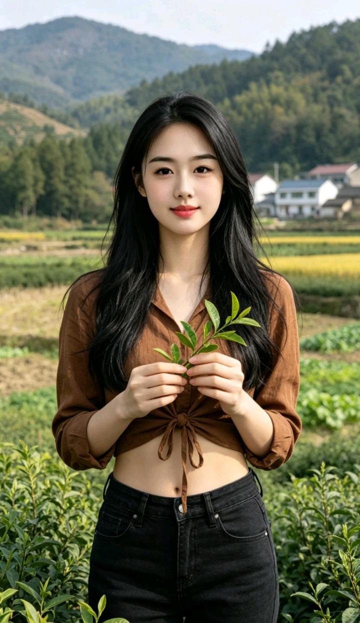 一个女孩在田野里拿着植物微笑。发一张你眼中最美的微笑照片田园里的美女山野治愈