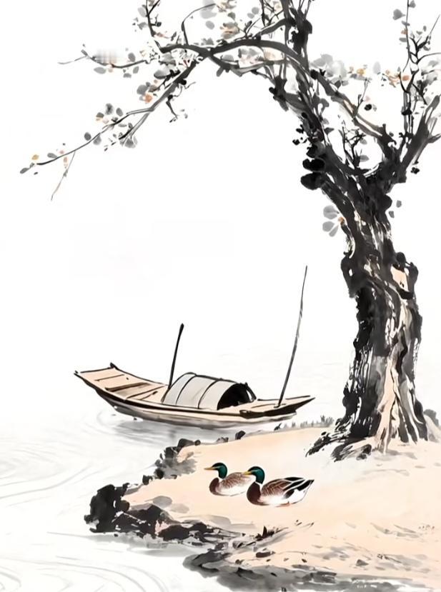 〔欣赏图片〕图中画面景色美；有树有船有河流；海鸭岸边暂休息；渔翁把鱼送回