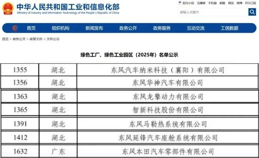 东风七家单位入选国家级工厂近日，工信部正式公布2025年度国家级绿色工厂名单。