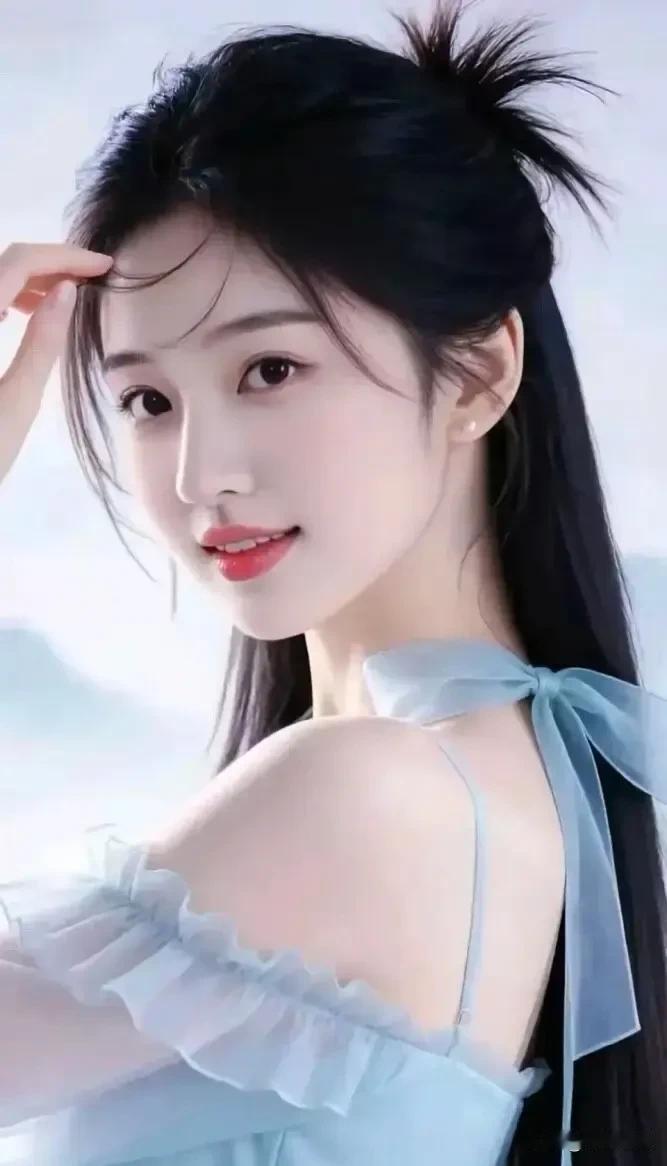 蓬松半扎长发，浅蓝纱裙缀着蝴蝶结，眉眼清灵，宛若从云雾里走来。绿色纱裙写真长