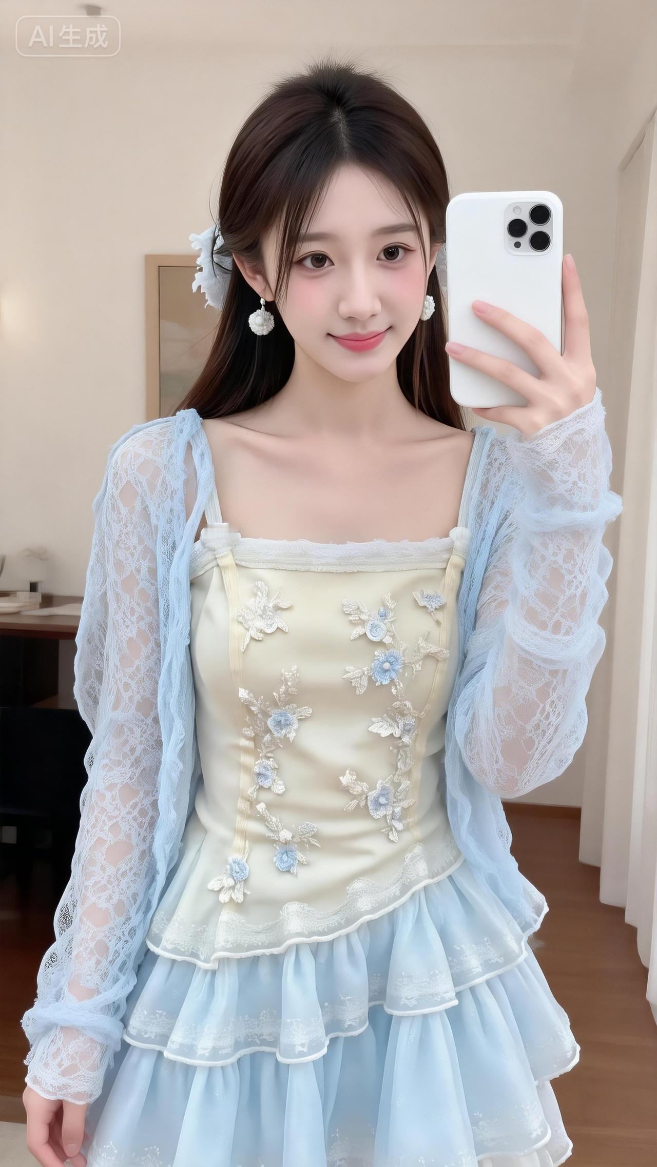 游乐场的甜系公主裙好戳奶黄缎面叠浅蓝纱裙，蕾丝绣花像裹了层糖霜，发间别着白