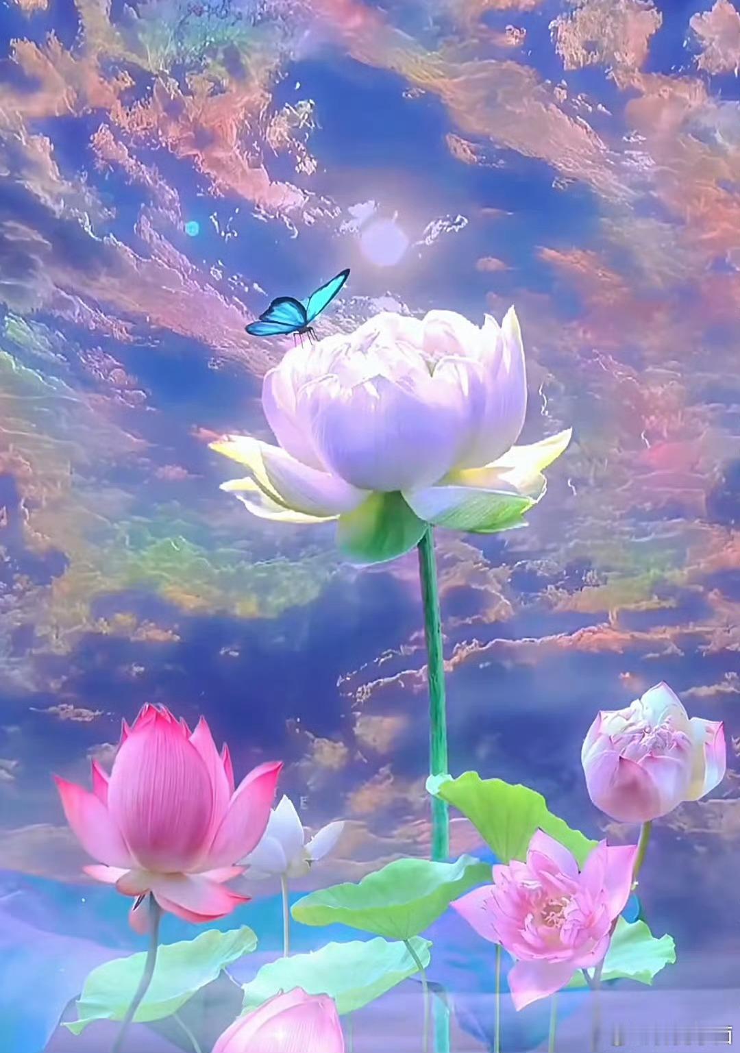 花有花期，人有时运，莲花盛开，又遇见七彩祥云。说明你的运气要来了。礼赞。留下：好