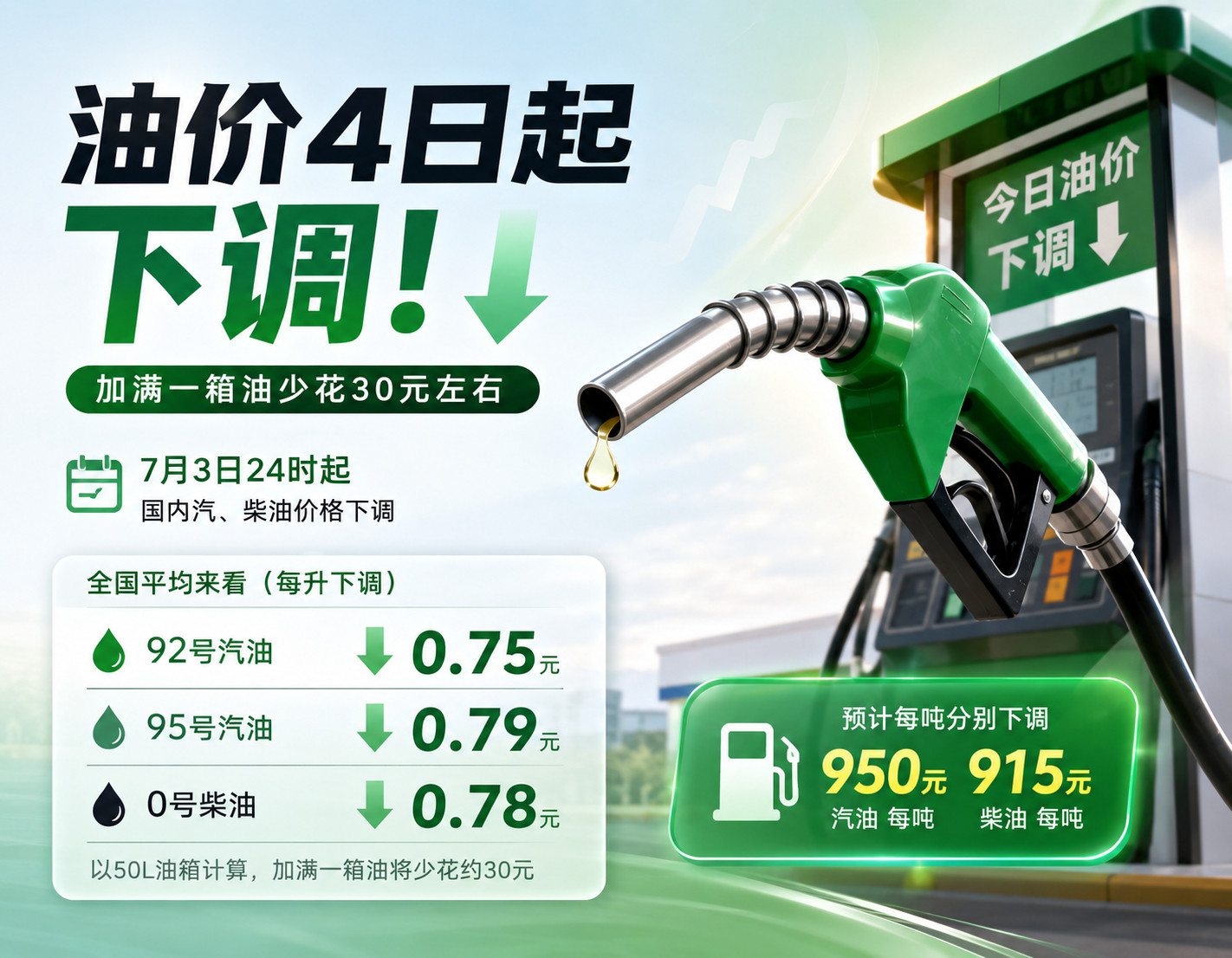 终于等到了，今年力度最大的一次油价下调。7月3日24时起，92号汽油每升预计下调