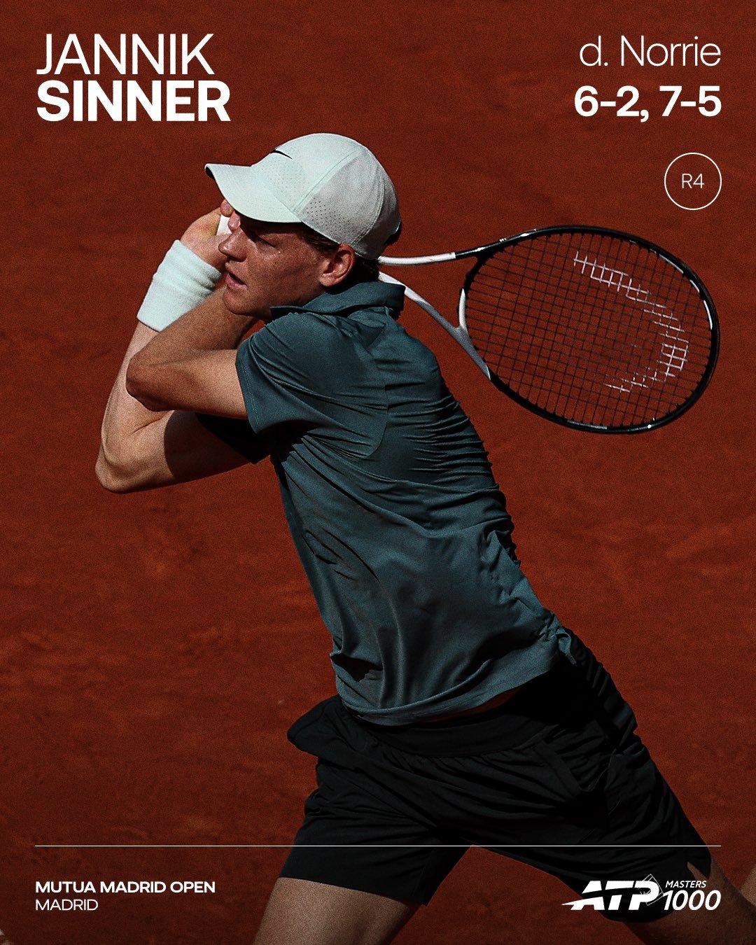 辛纳辛纳2比0诺里马德里大师赛，以6-2/7-5击败诺里，晋级八强，成为历史上