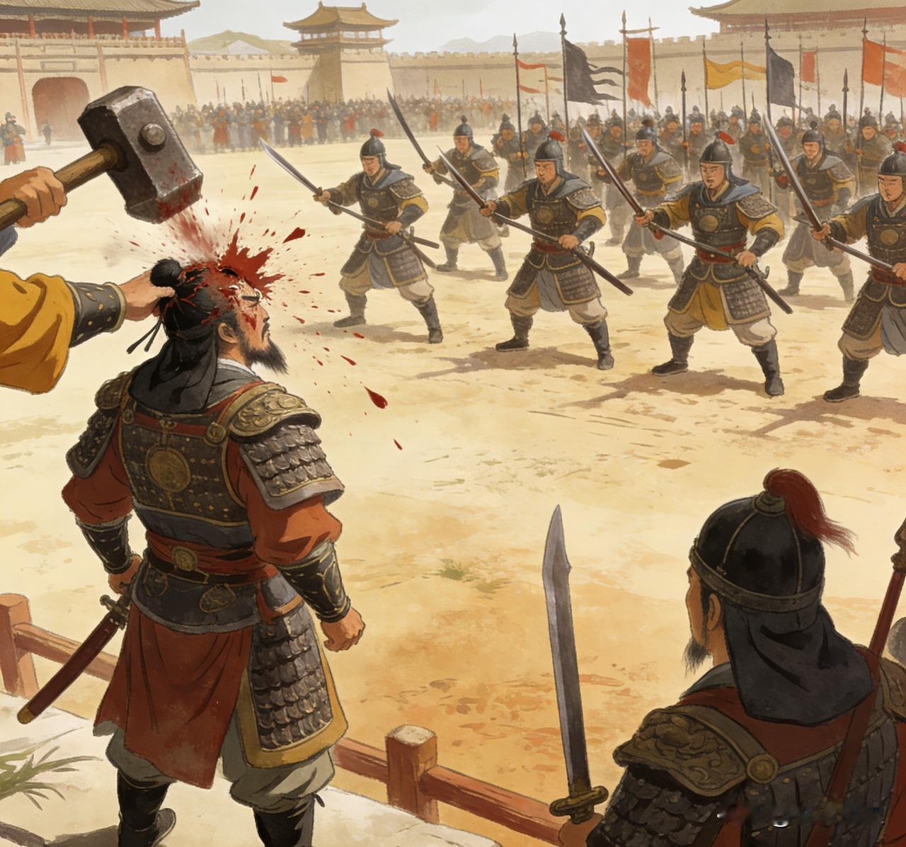 1362年，明军猛将胡大海正在观看士兵操练，蒋英从袖子中拿出五十斤重的铁锤，将其